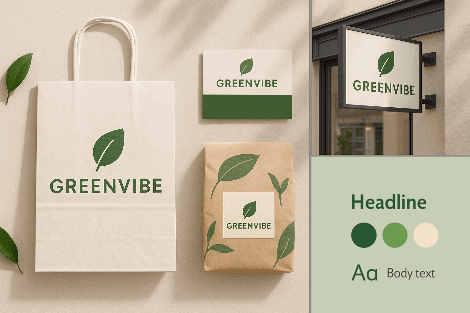Brand identity mockup for GreenVibe health food store