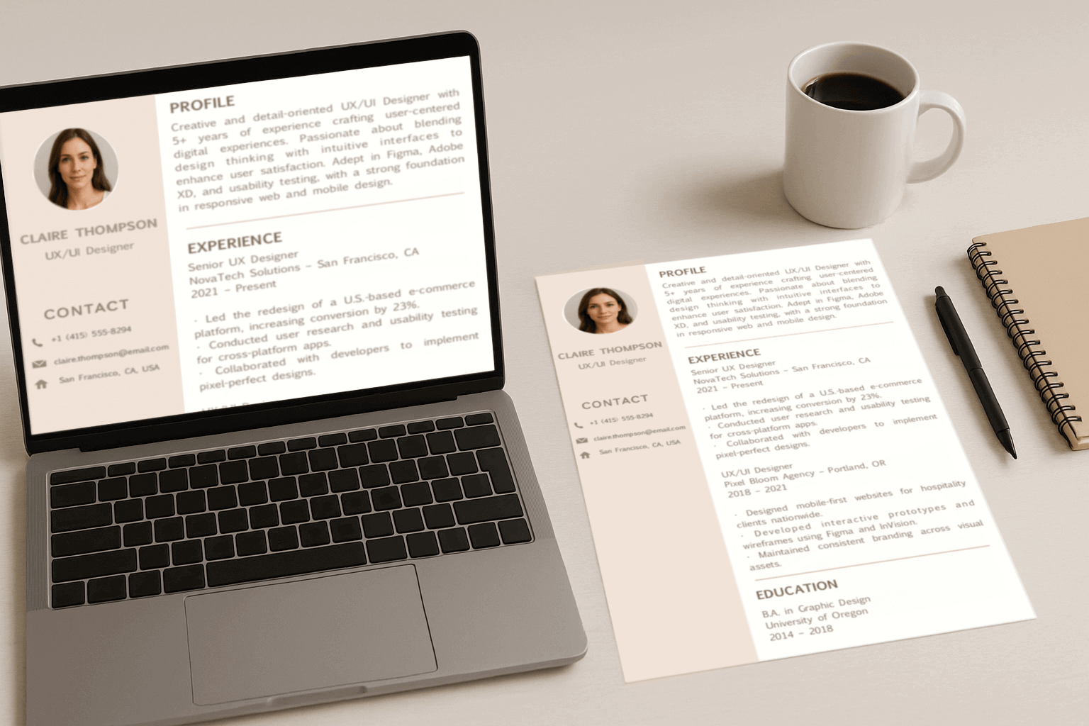 Modern, professional resume layout designed for a senior marketing executive, shown on a laptop and printable PDF page