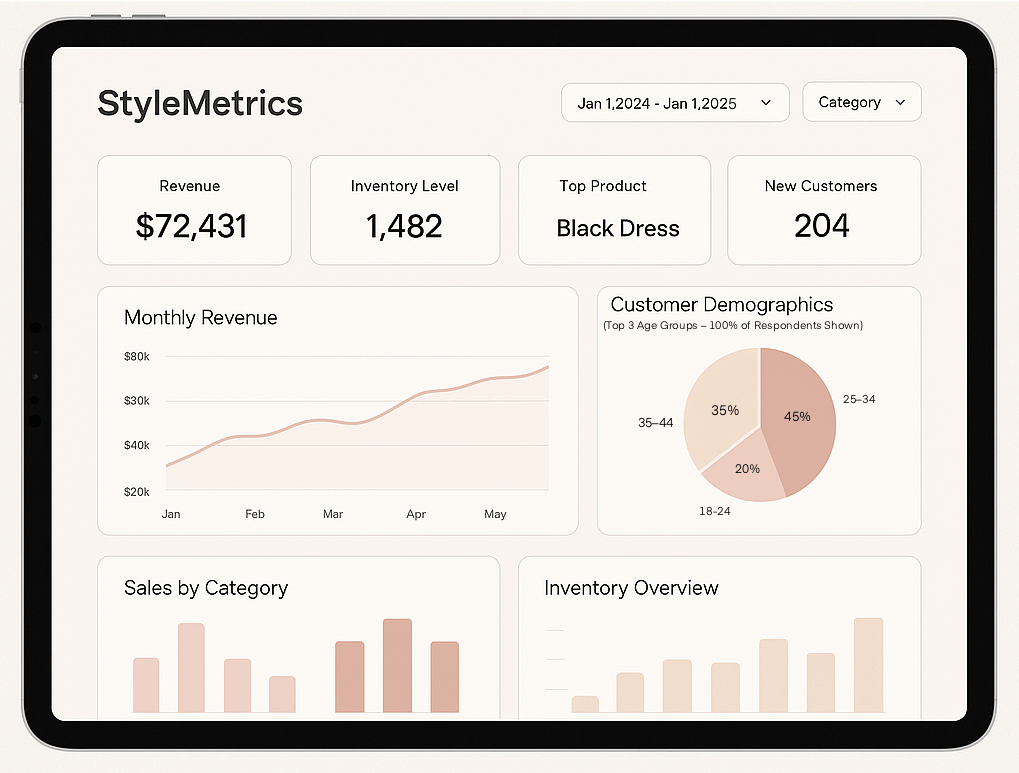 Interactive dashboard for fashion retail analytics showing charts and KPIs